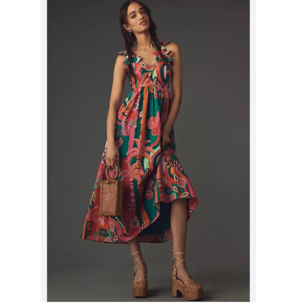 FARM RIO X ANTHROPOLOGIE PLEATED PALM MIDI DRESS